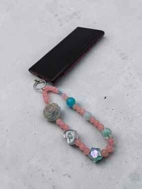 Handmade Blue & Pink Beaded Phone Charm w/ Floral Accent Strap Accessory
